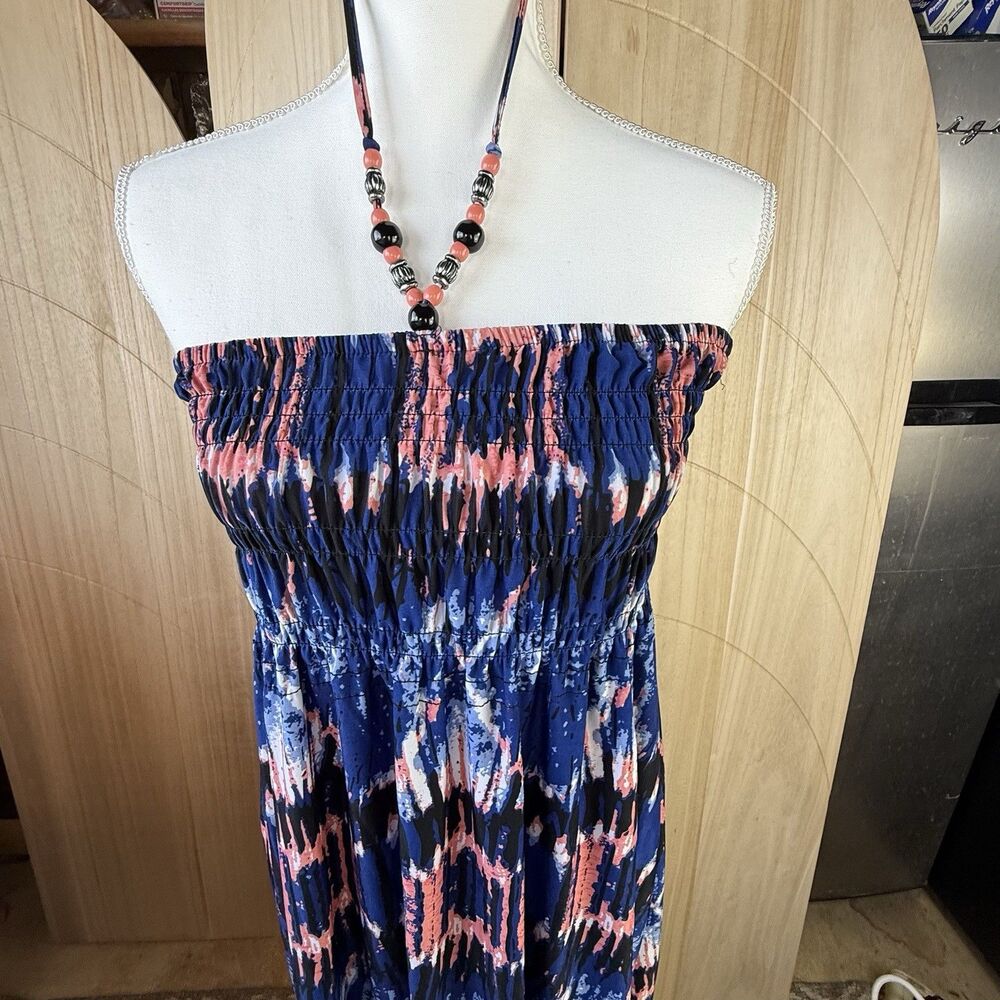 Boho Beaded Halter Tie Smocked NoBo L Strapless Dress Blue Pink No Boundaries